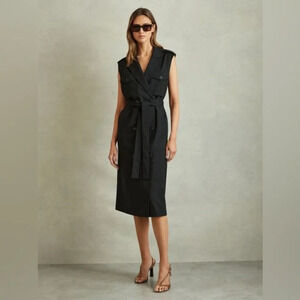 NEW Reiss Kimora  Wool Blend Double Breasted Tie Midi Dress Black | UK 10 / US 6